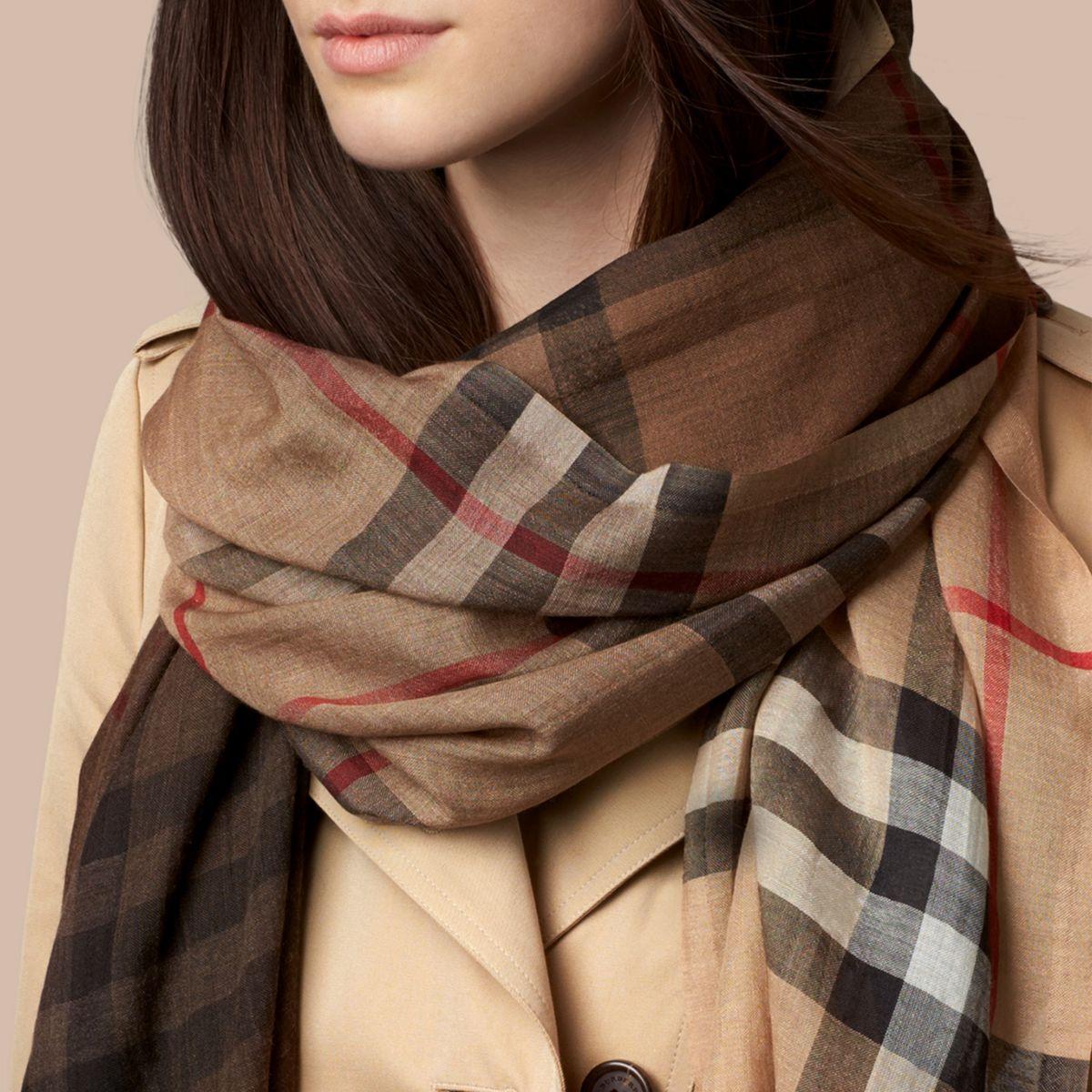 Burberry Ombré Check Lightweight Wool Silk Scarf in Camel Check (Natural) |  Lyst