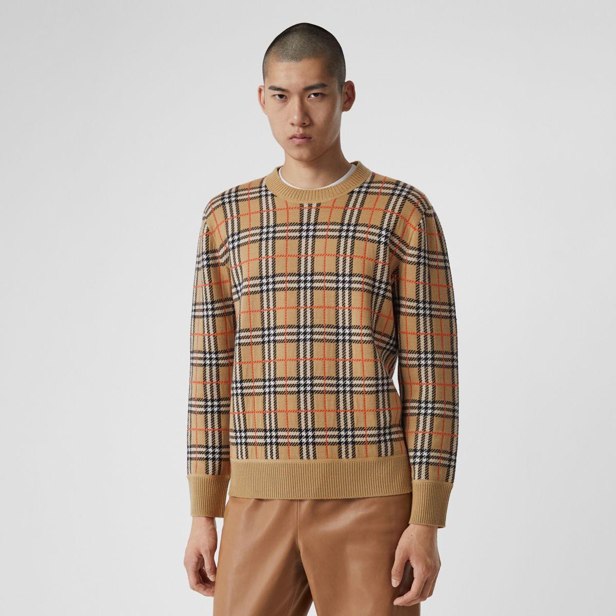 Burberry Check Merino Wool Jacquard Sweater in Natural for Men | Lyst