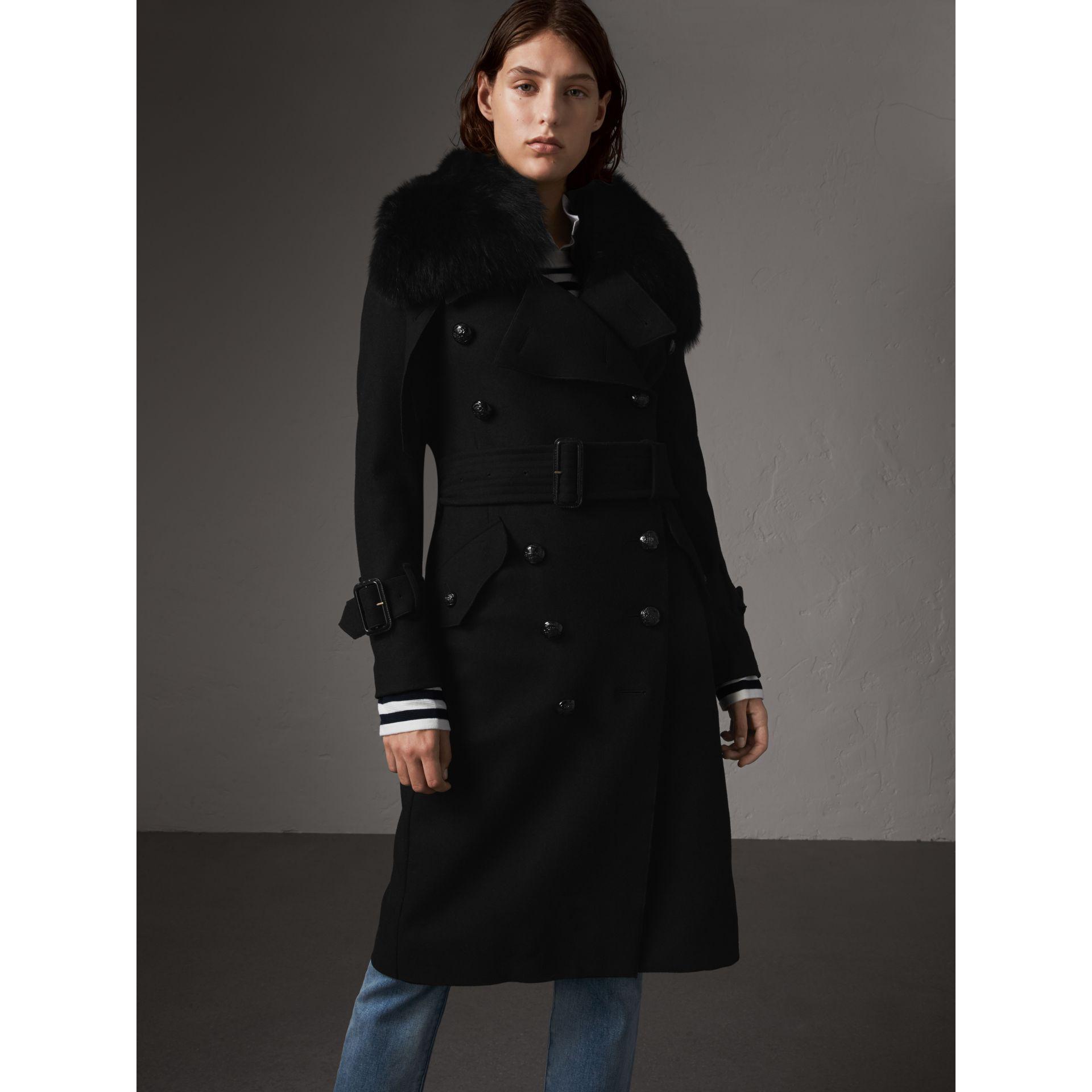Burberry Detachable Fox Fur Collar Wool Blend Trench Coat in Black | Lyst