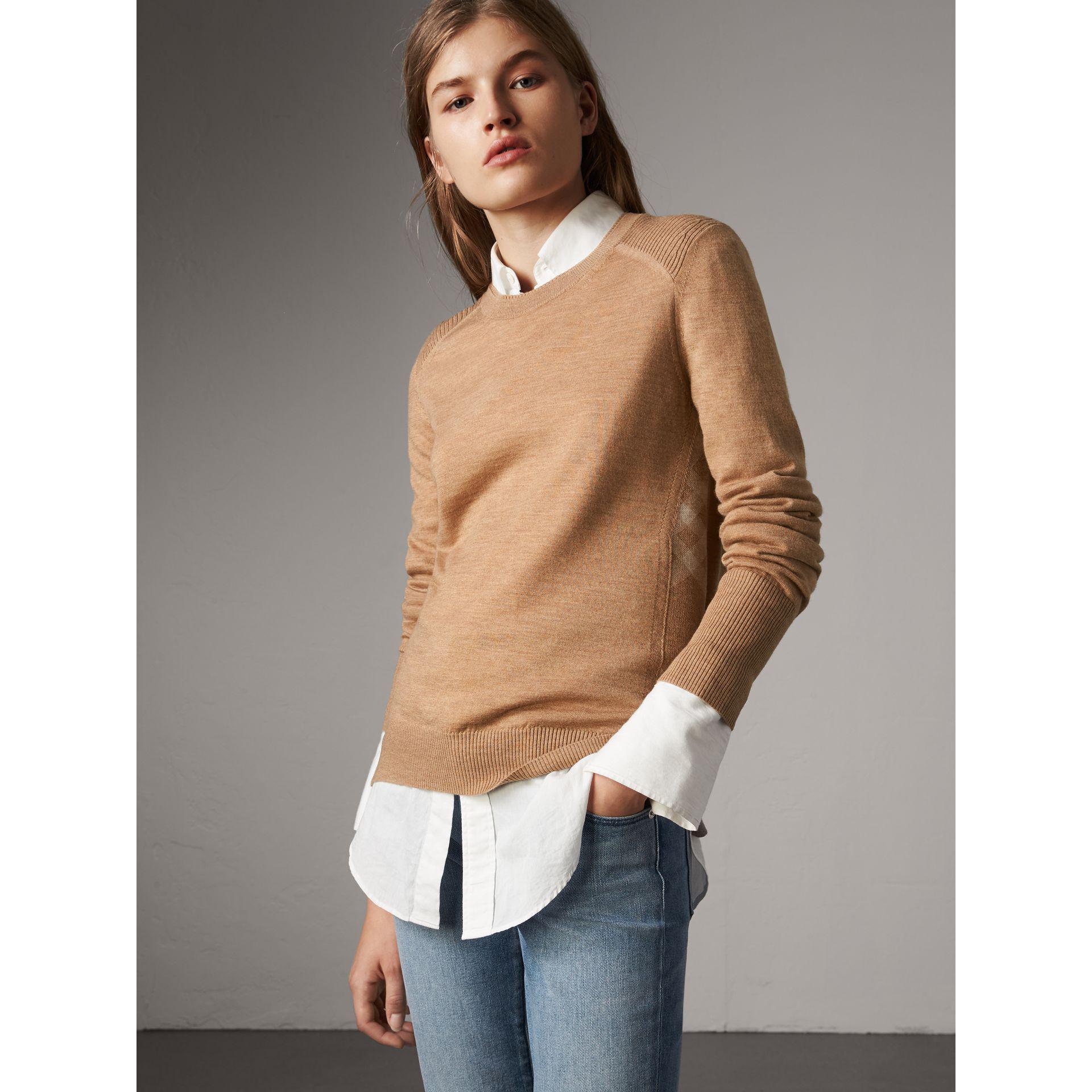 Burberry Check Detail Merino Wool Sweater In Camel - Women | in Natural