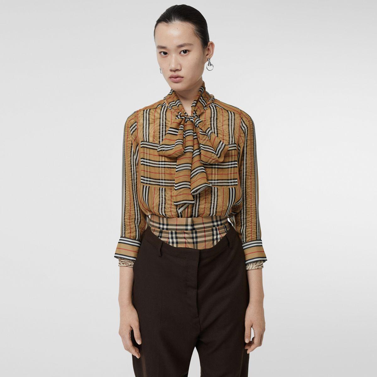 Burberry Icon Stripe Silk Pussy-bow Blouse | Lyst