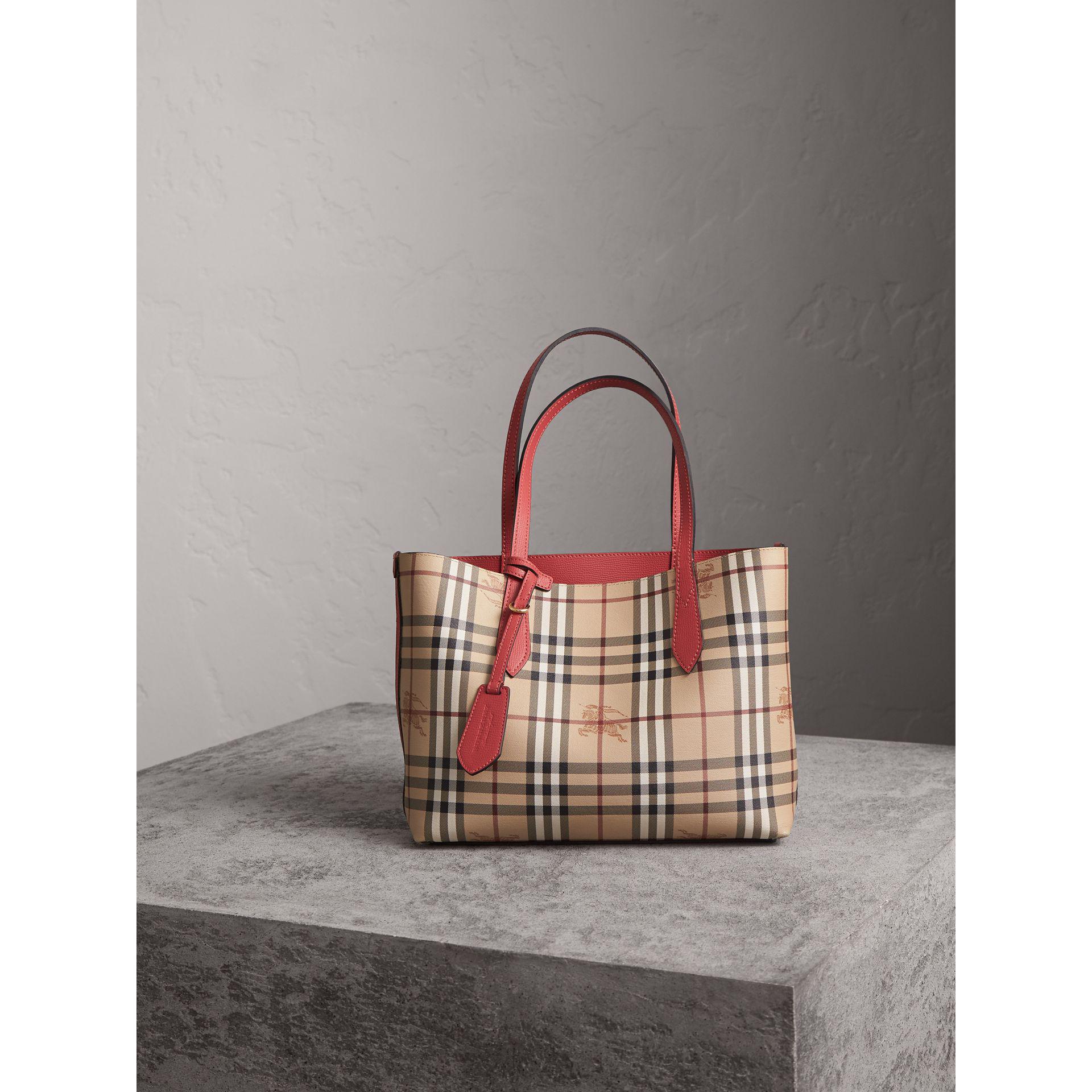 Burberry The Medium Reversible Tote In Haymarket Check And Leather Coral Red