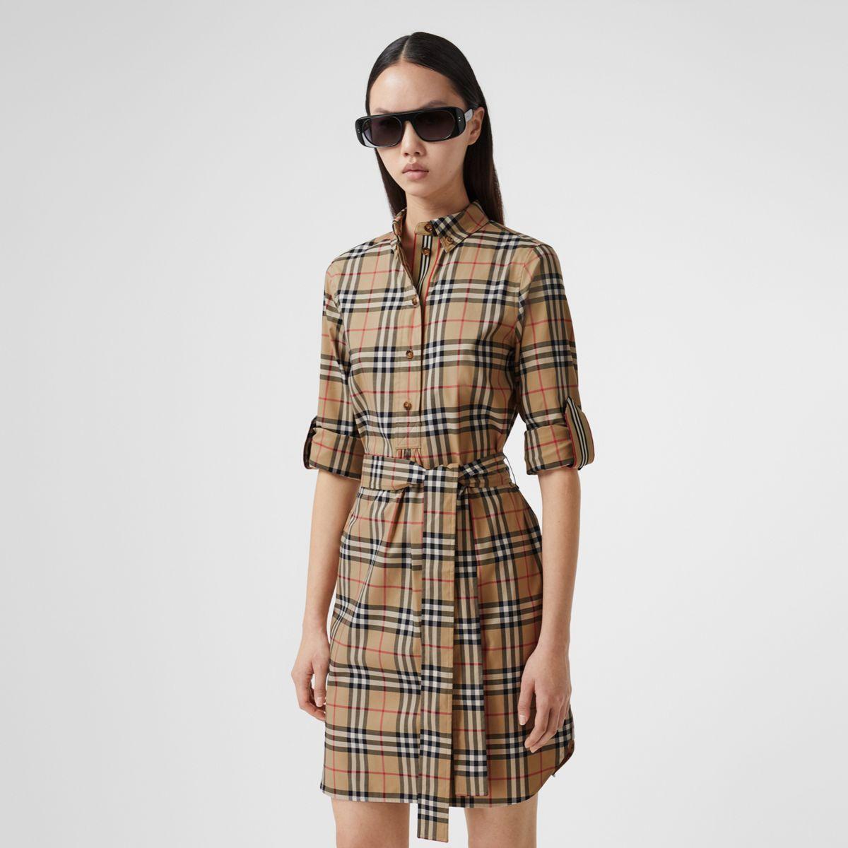 Burberry Vintage Check Stretch Cotton Tie-waist Shirt Dress in Natural ...