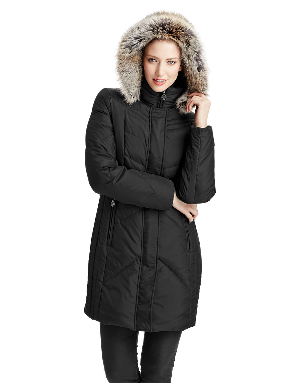 Anne Klein Faux Fur Hooded Down Walker Coat in Black - Lyst