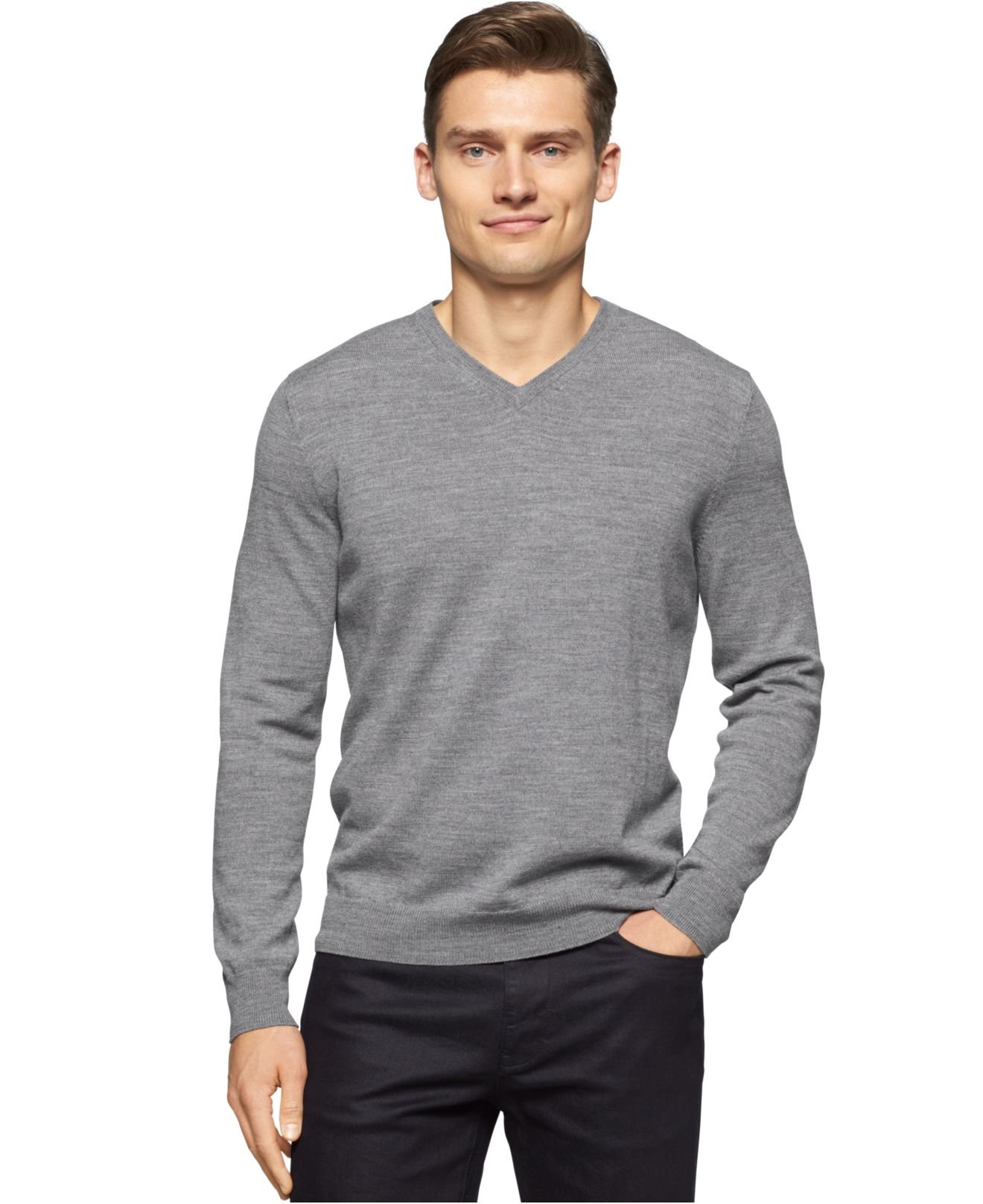 Calvin Klein Merino Wool V-neck Sweater in Gray for Men - Lyst