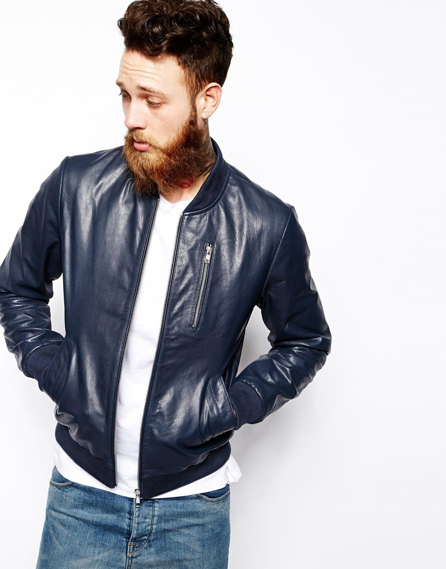 ASOS Leather Bomber Jacket in Blue for Men | Lyst