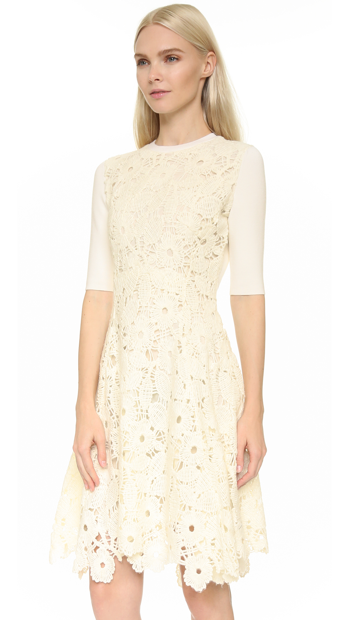 Lela Rose Lace Knit Dress In Ivory White Lyst Lela Rose Lace Knit Dress In Ivory