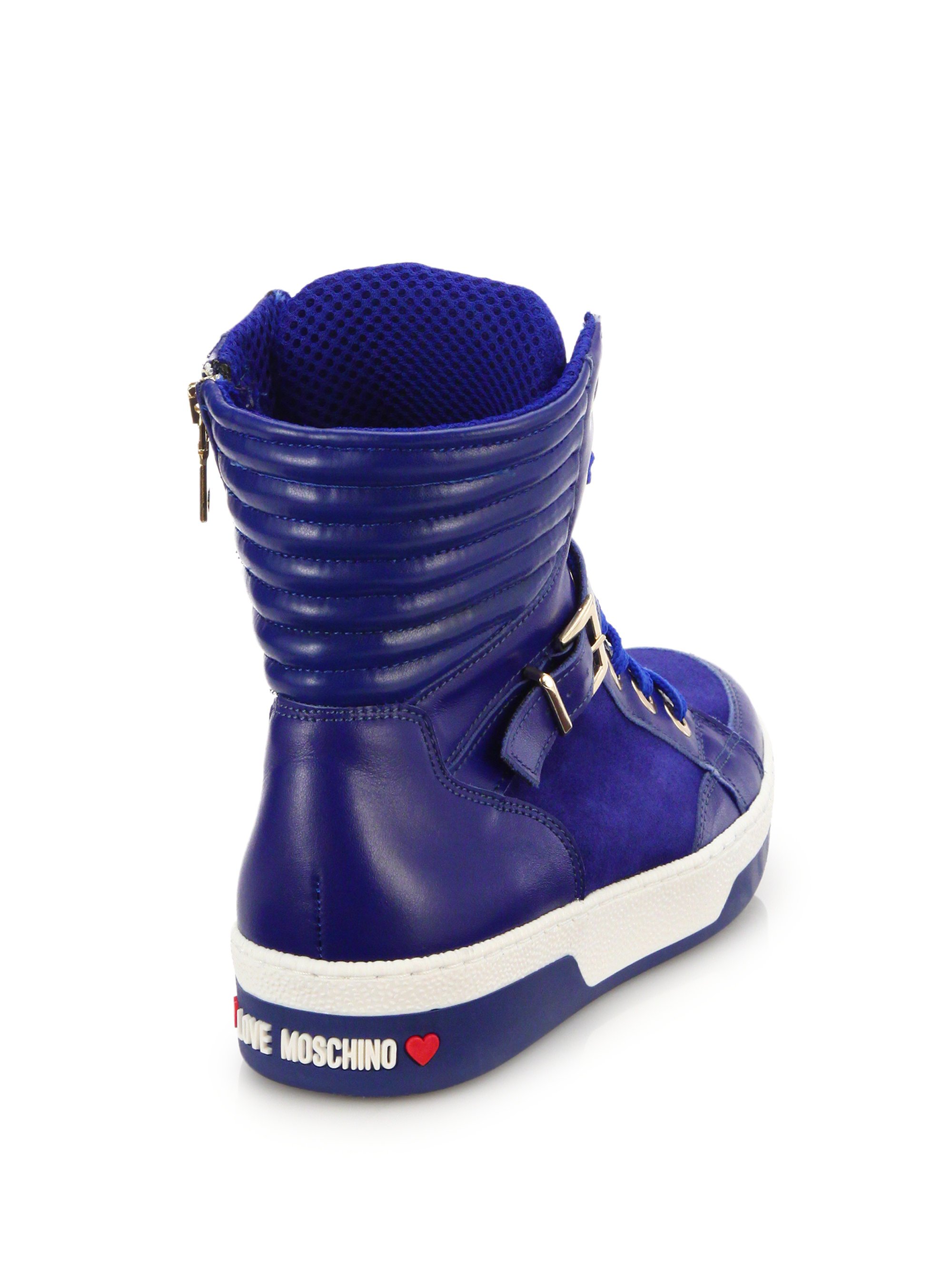 Love Moschino Leather & Suede High-top Buckle Sneakers in Blue | Lyst