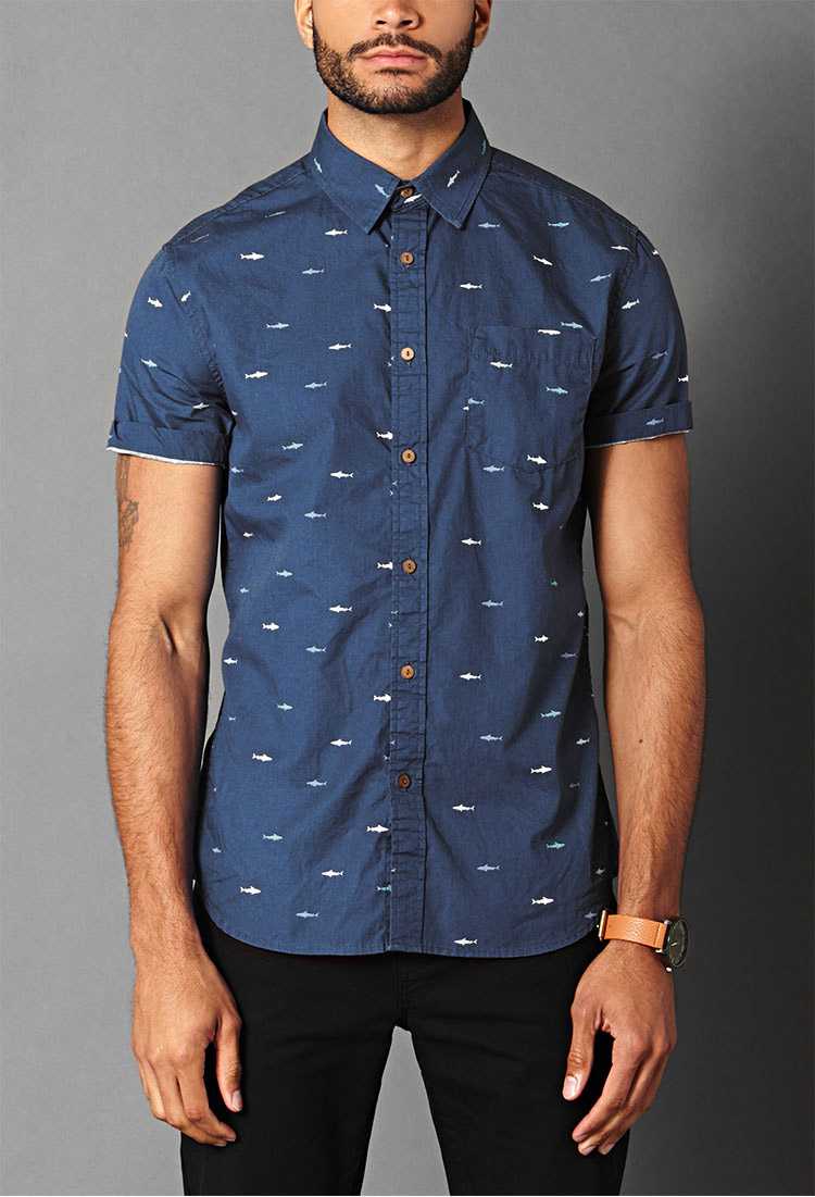 shark print button up shirt