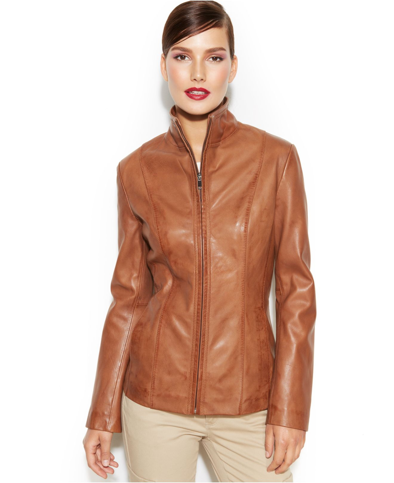 Cole Haan ZipFront Seamed Leather Jacket in Chestnut (Brown) Lyst