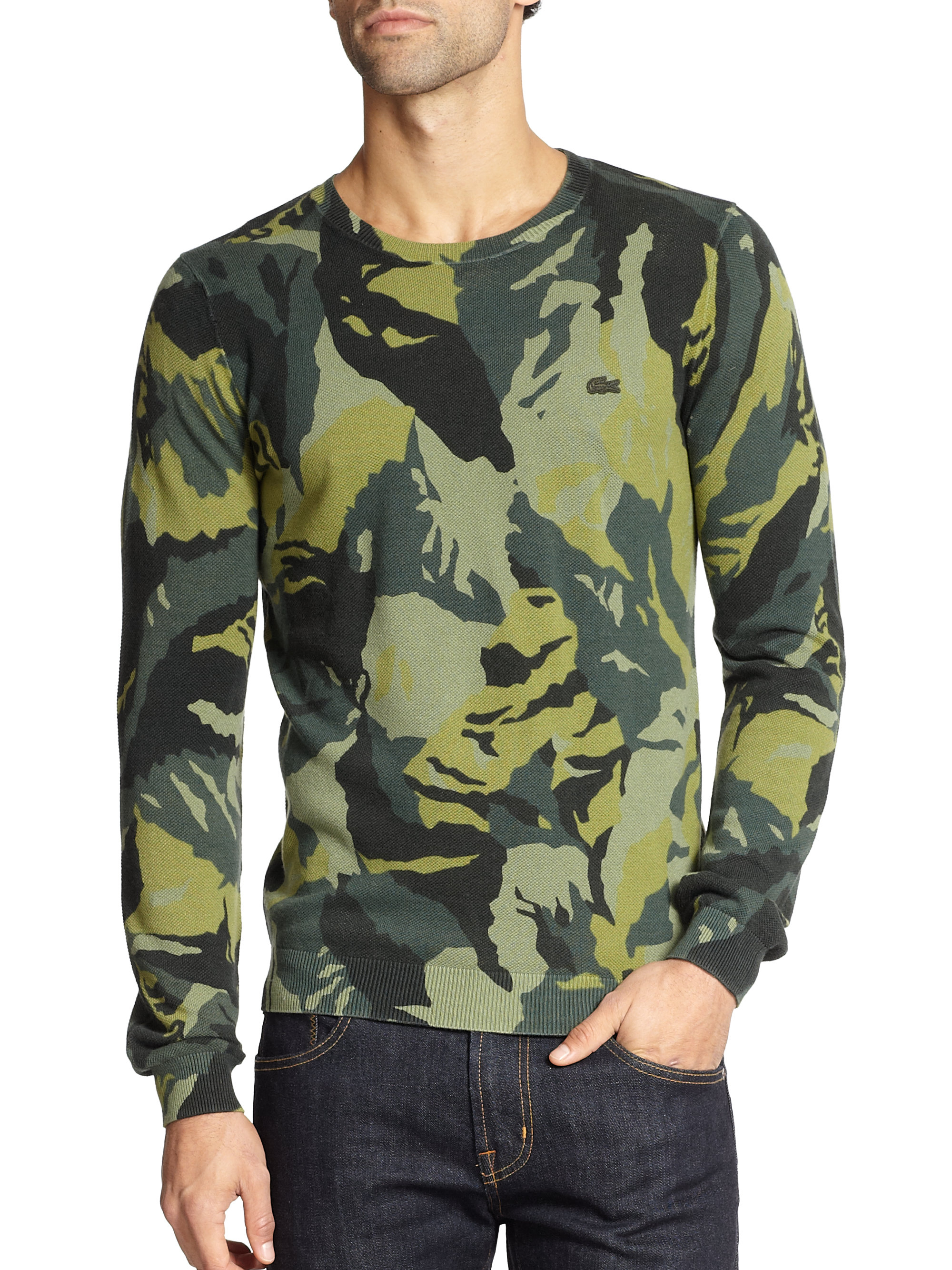 Lacoste Camo-Print Crewneck Sweater in Green for Men - Lyst