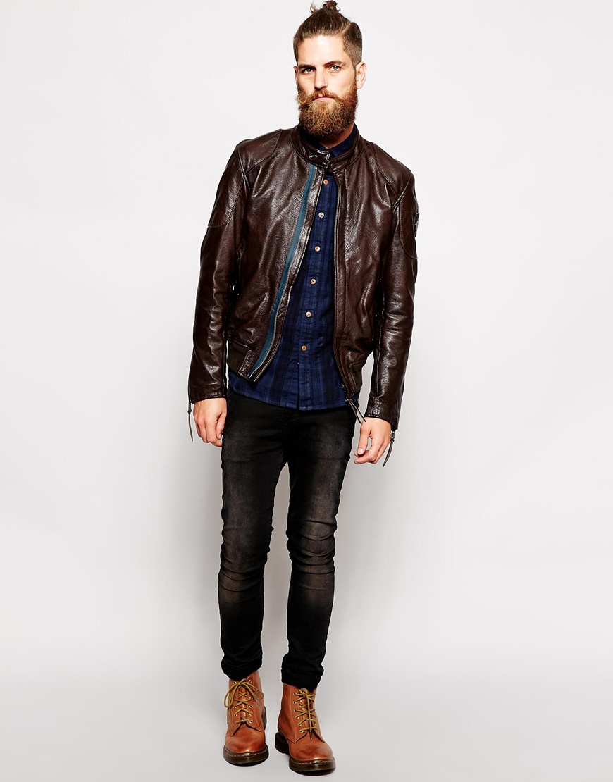 Lyst - Replay Leather Biker Jacket in Brown for Men