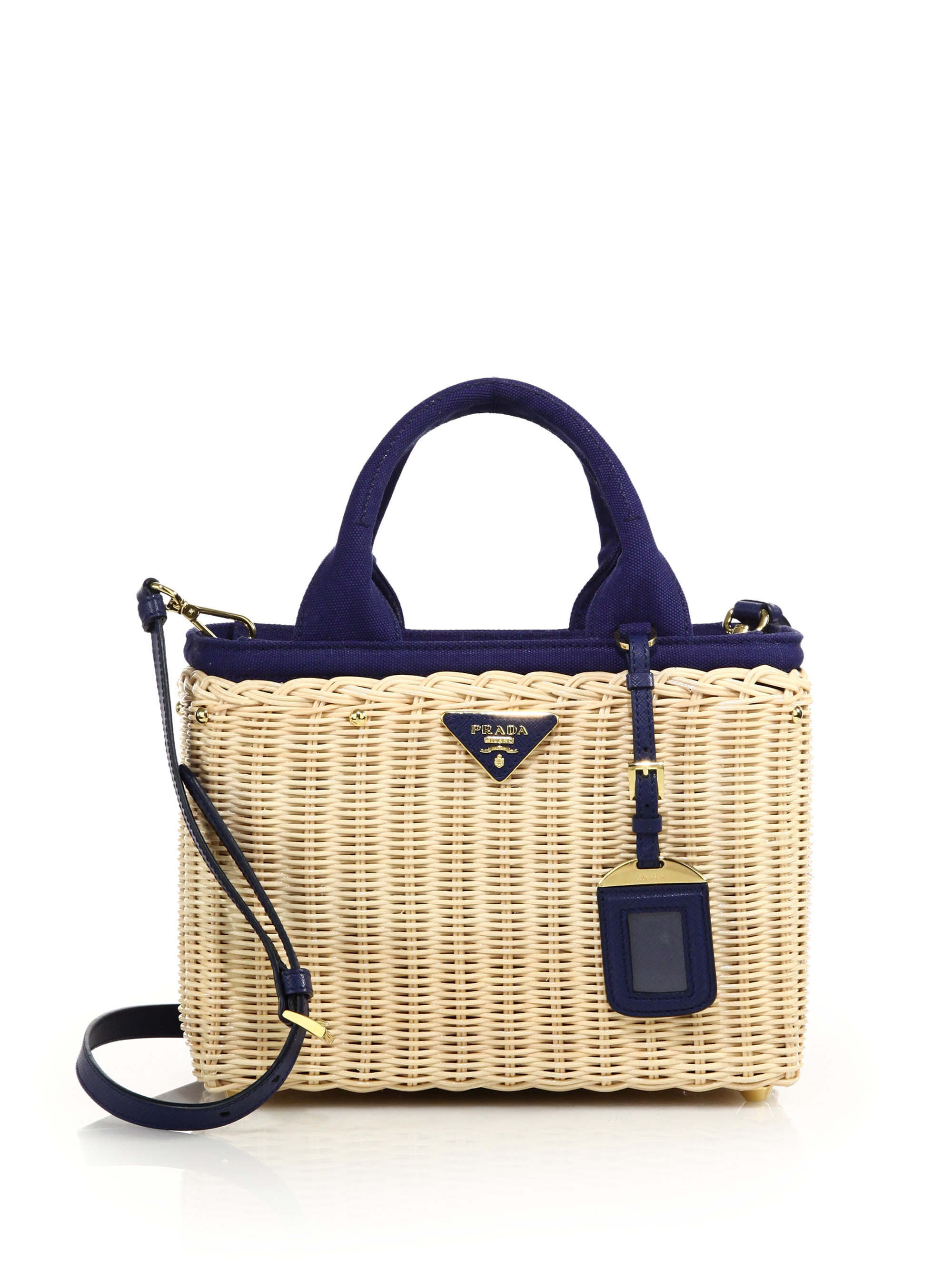 Prada Wicker & Canvas Tote in Blue | Lyst