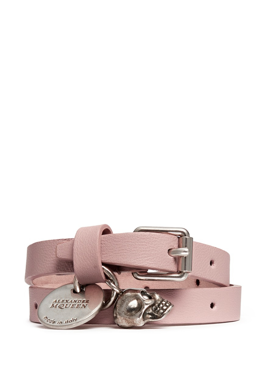 Alexander McQueen Skull Charm Double Wrap Leather Bracelet in Pink 