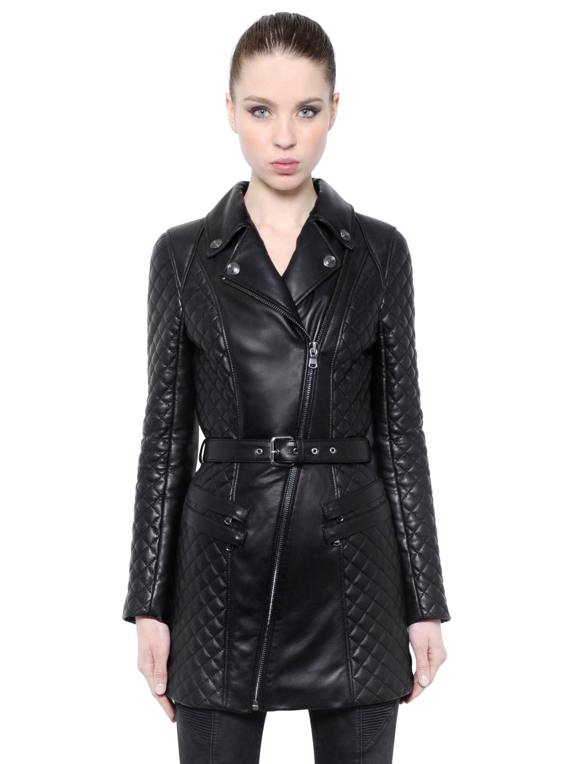 Balmain Long Quilted Nappa Leather Jacket in Black | Lyst