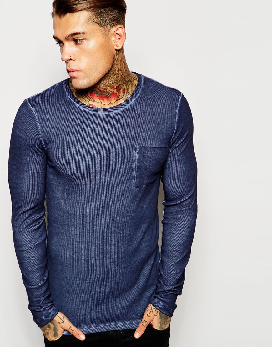ASOS Extreme Muscle Fit Long Sleeve T-shirt In Rib Fabric And Oil Wash ...