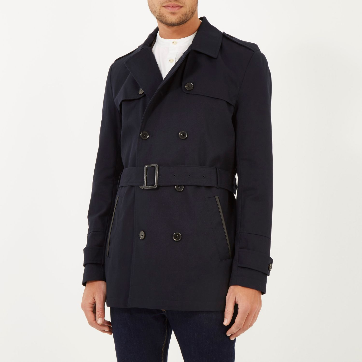 River Island Cotton Navy Smart Short Trench Coat in Blue for Men Lyst