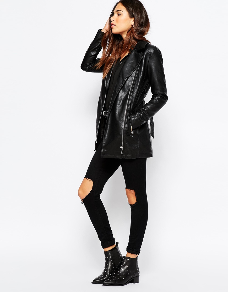 Lyst Warehouse Faux Leather And Fur Collar Jacket In Black Gallery Women S Hooded Vests Anorak Jackets