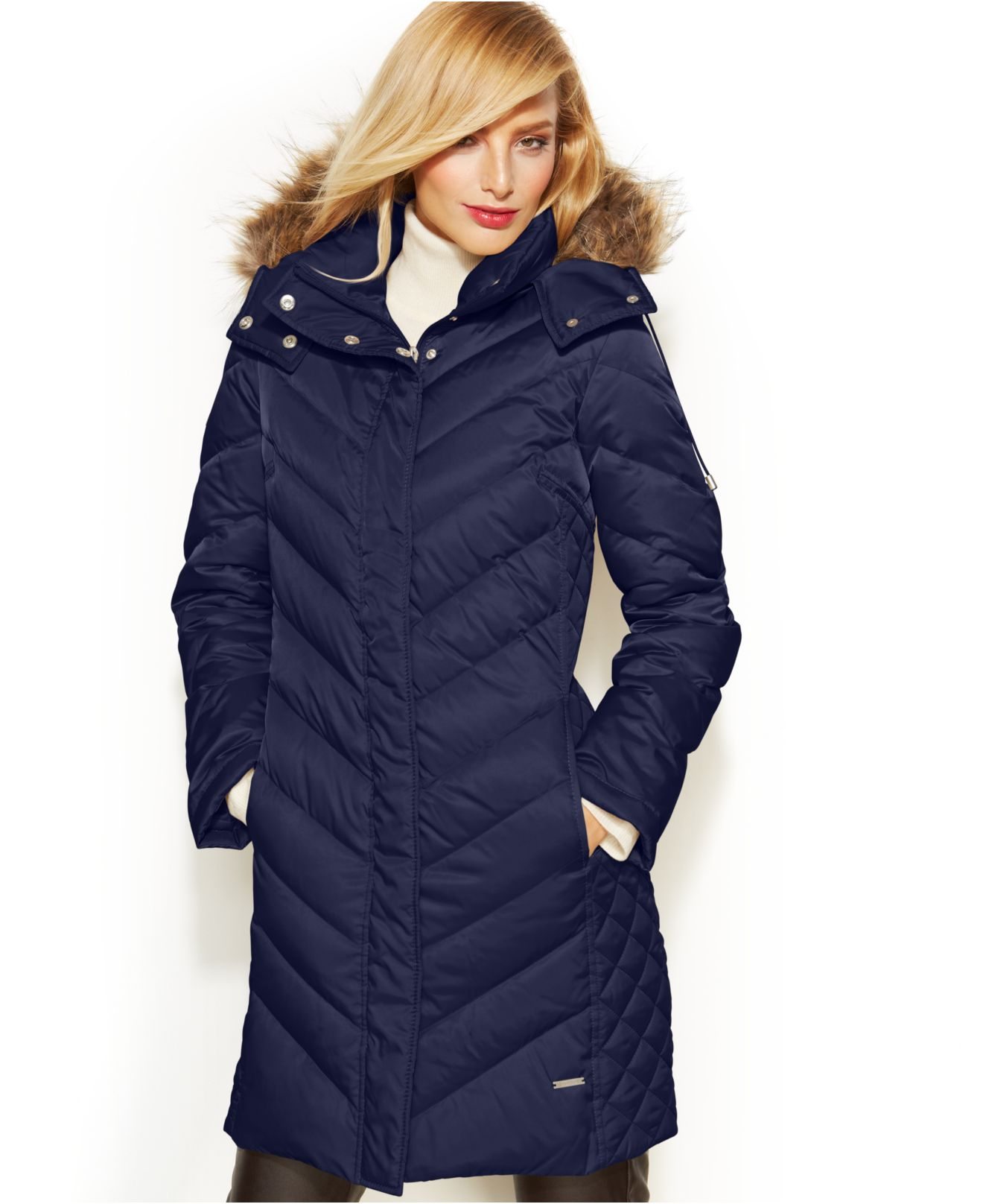kenneth cole faux fur hooded chevron down coat