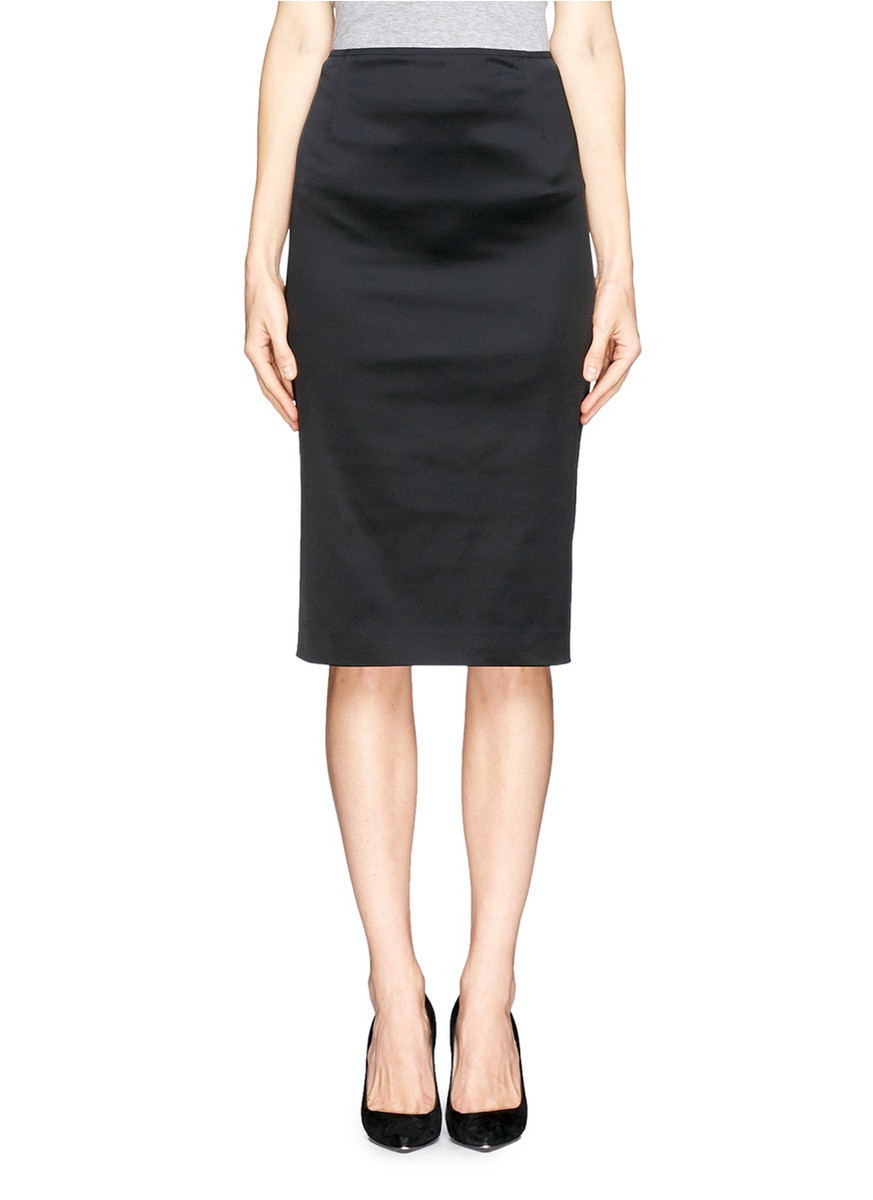 St. john Structured Stretch Satin Pencil Skirt in Black | Lyst