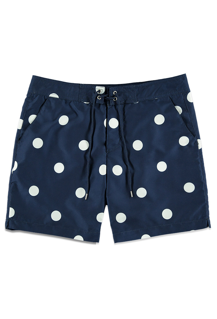 Synthetic Polka Dot Swim Trunks in Navy 