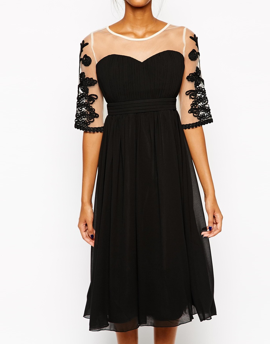 Lyst Little Mistress Midi Prom Dress With Embroidered Sleeves in Black
