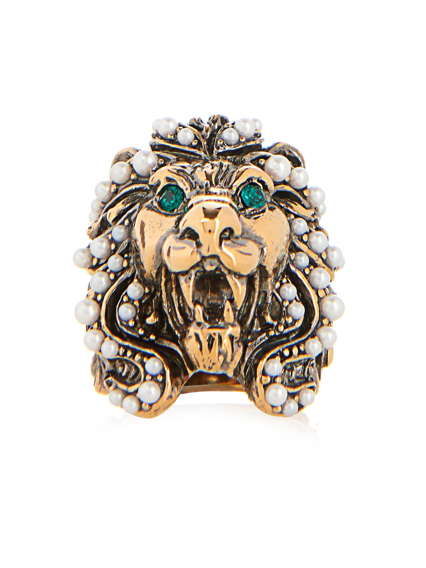 Gucci Crystal And Pearl-Embellished Lion Ring in Green | Lyst