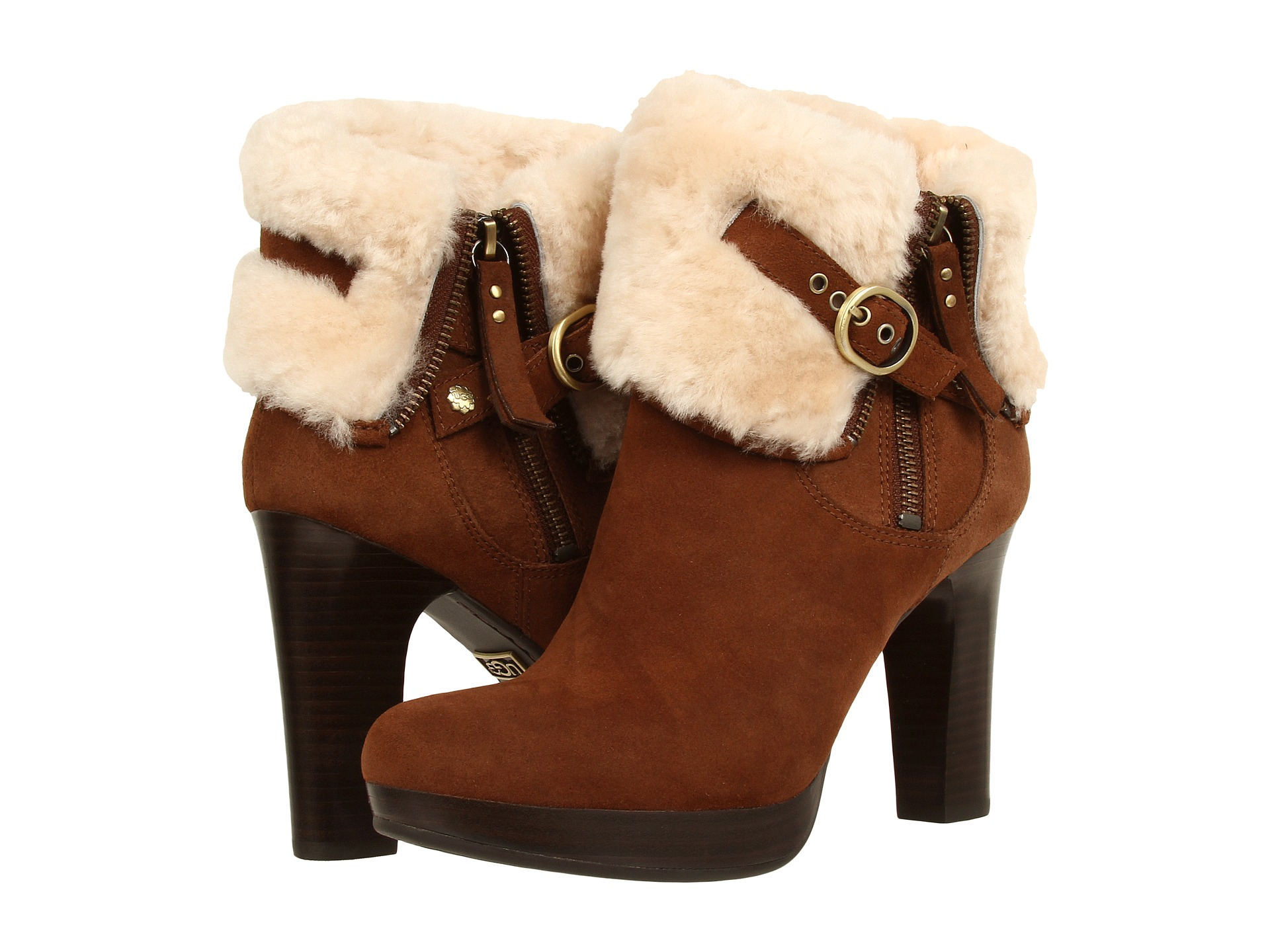 UGG Suede Scarlett Exposed Shearling Buckle Ankle Boots in Chestnut ...