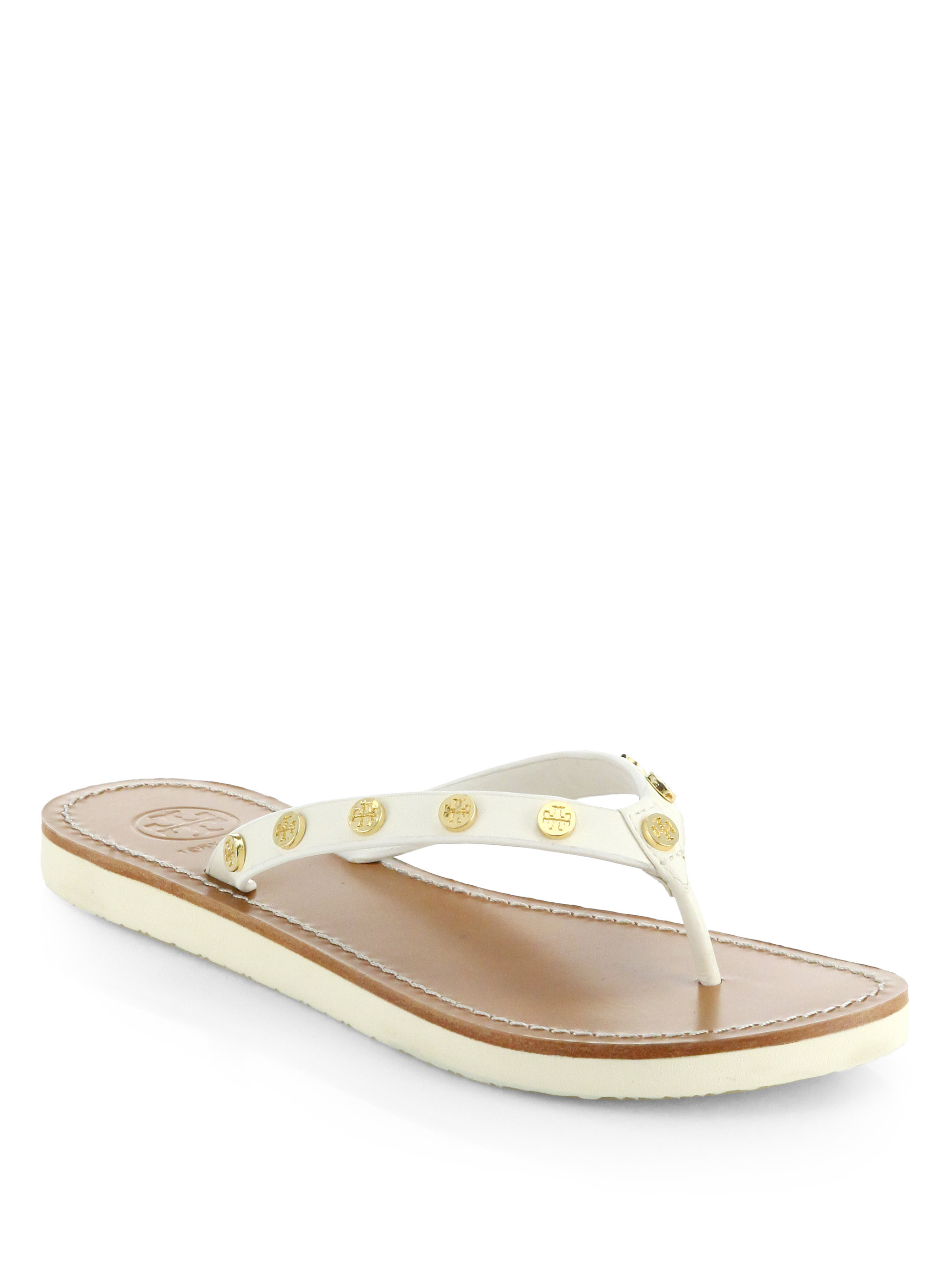 Tory Burch Ricki Studded Leather Thong Flip Flops in Ivory (White) - Lyst