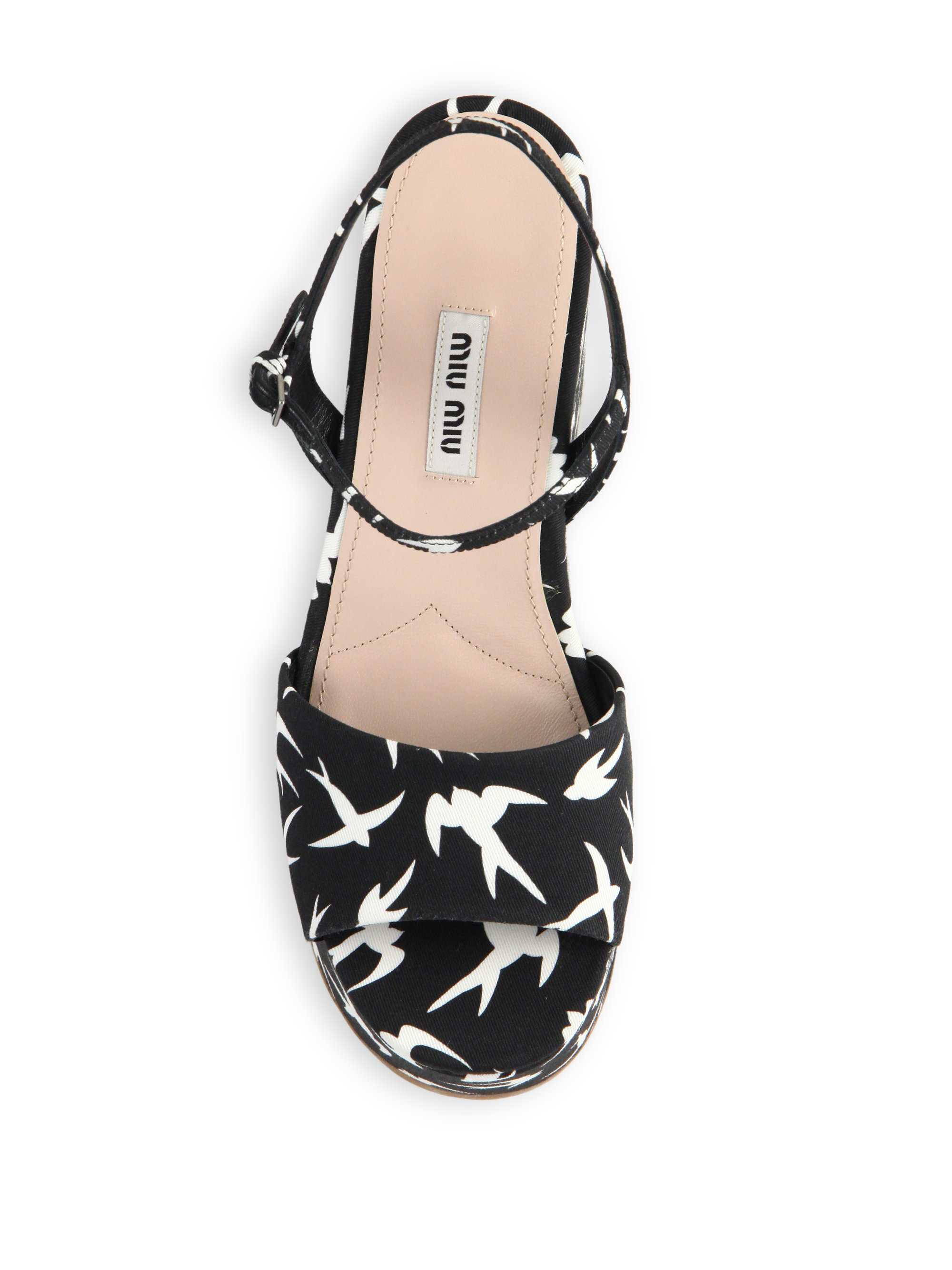 Lyst Miu Miu Swallow printed Platform Wedge Sandals in Black Lyst Miu Miu Swallow printed Platform Wedge Sandals in Black