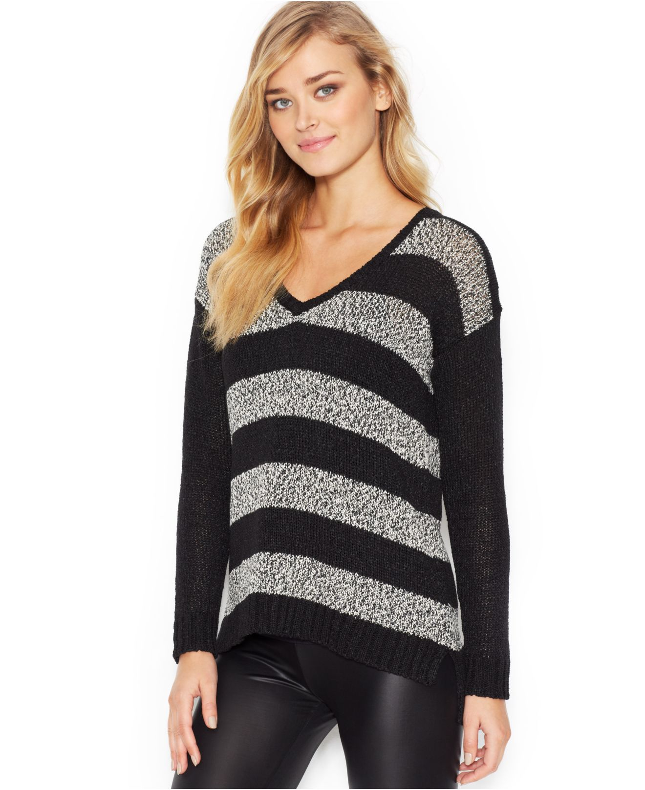 Kensie Long-Sleeve V-Neck Striped Sweater (Only At Macy'S) in Black | Lyst