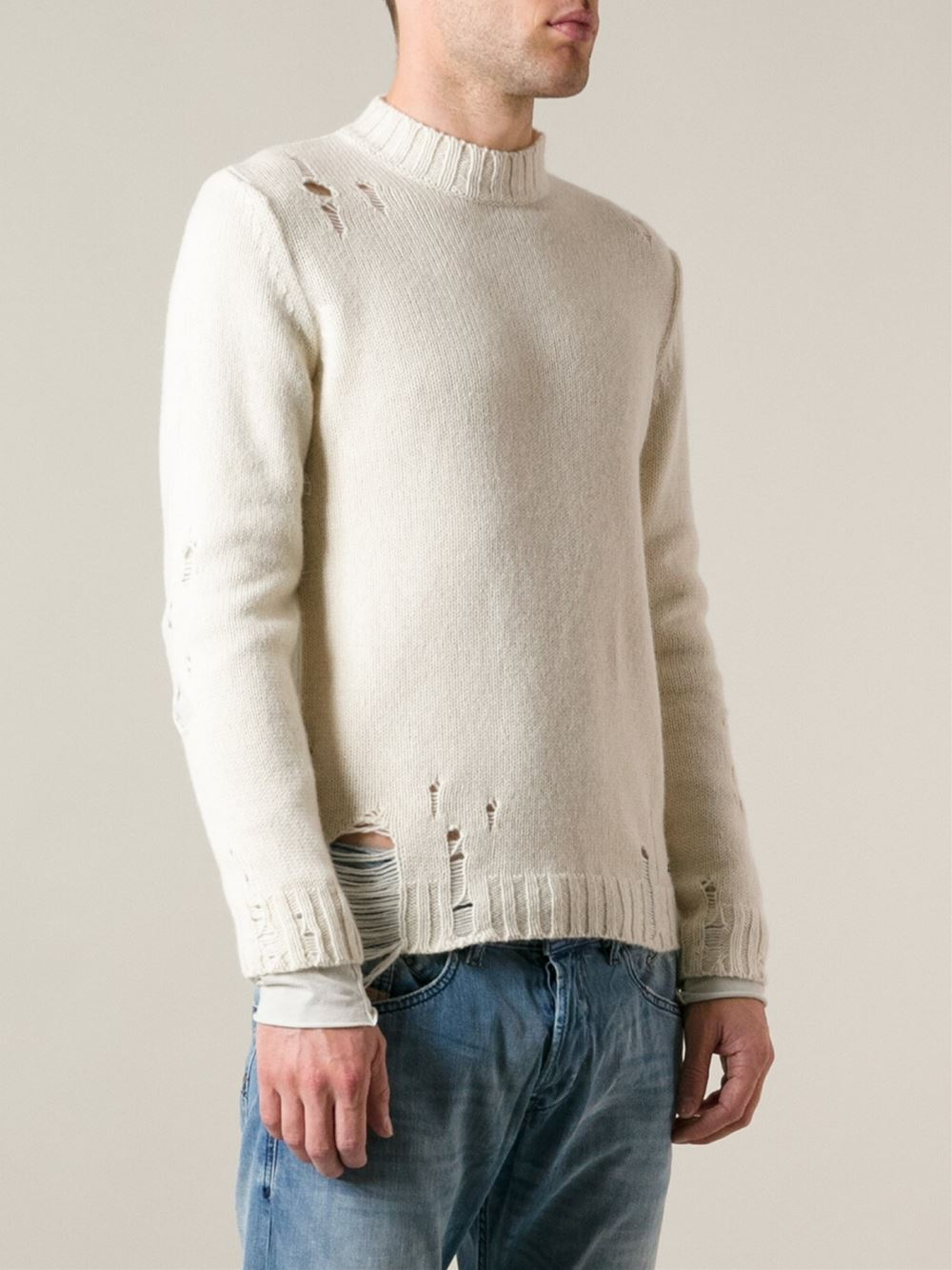 DIESEL Distressed Sweater in White for Men - Lyst