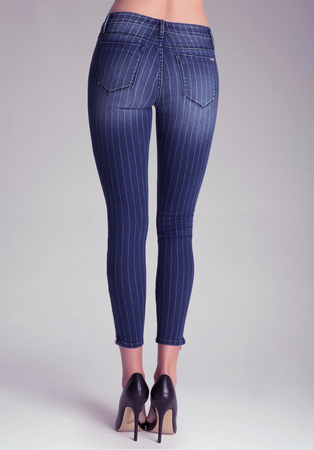 Lyst Bebe Pinstripe Zip Skinny Jeans in Blue