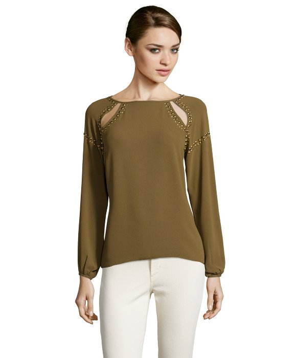 greylin olive chiffon studded cut out sleeve blouse in green lyst greylin olive chiffon studded cut out sleeve blouse in green lyst