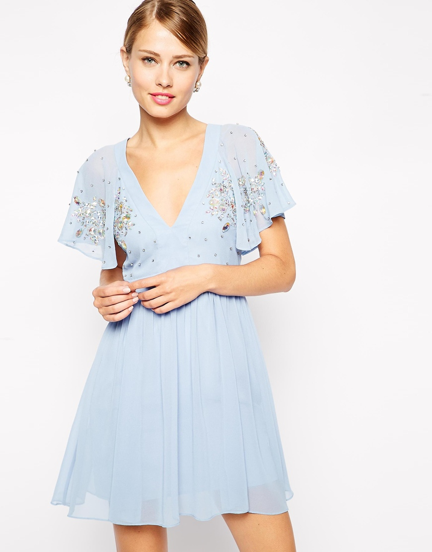 Lyst - Asos Embellished Flutter Sleeve Skater Dress in Blue