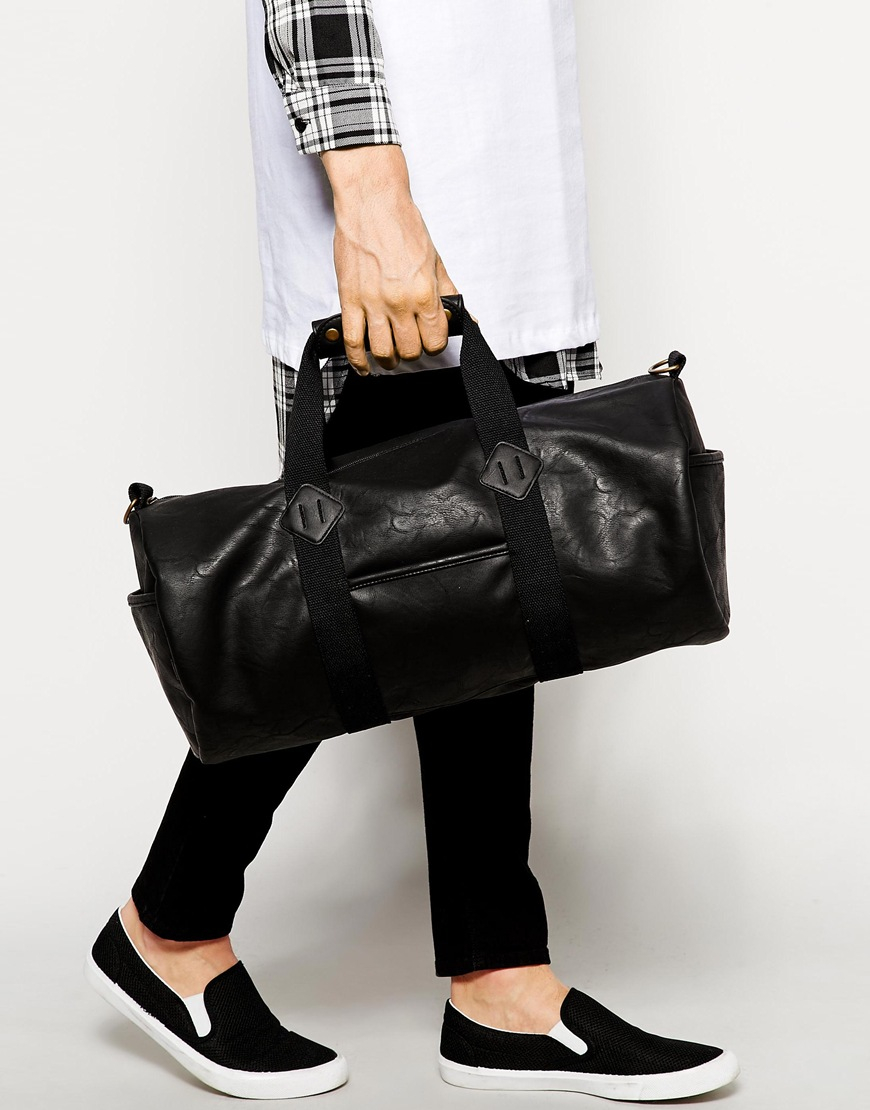 Download ASOS Gym Barrel Bag In Black Faux Leather for Men - Lyst