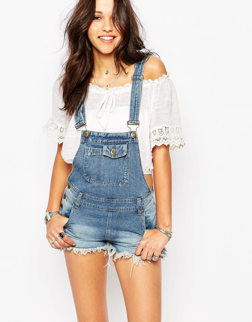 Boohoo Denim Overall Romper in Blue Lyst