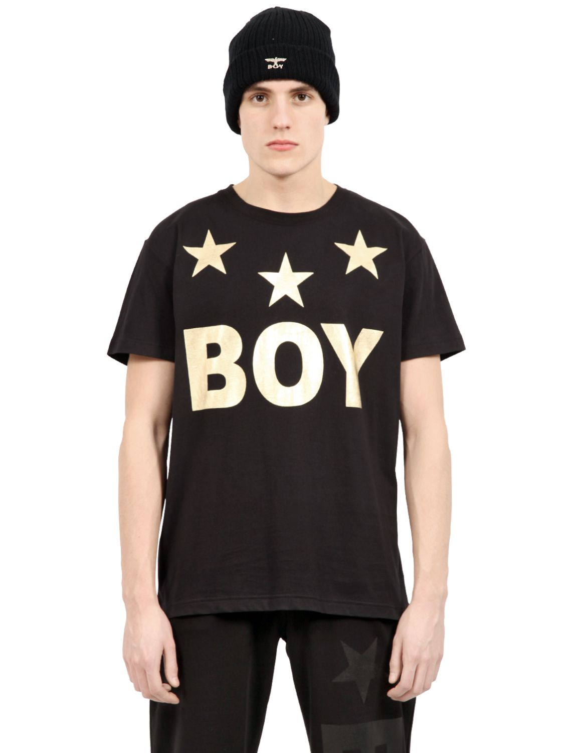 BOY London Boy Tri Star Cotton Jersey TShirt in Black/Gold (Metallic