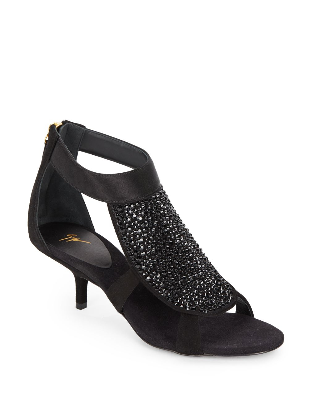 ... Rhinestone Embellished Kitten Heel Suede Sandals in Black (nero