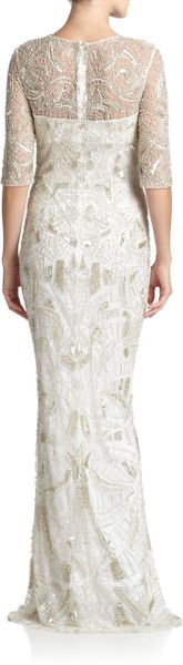 ml monique lhuillier silver metallic jacquard gown