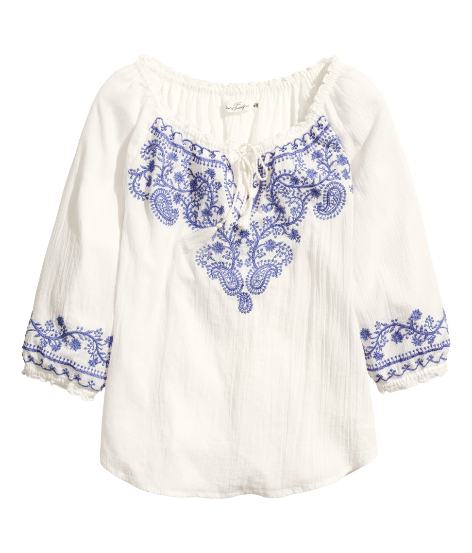 H&M Bohemian Embroidered Blouse in White | Lyst Canada