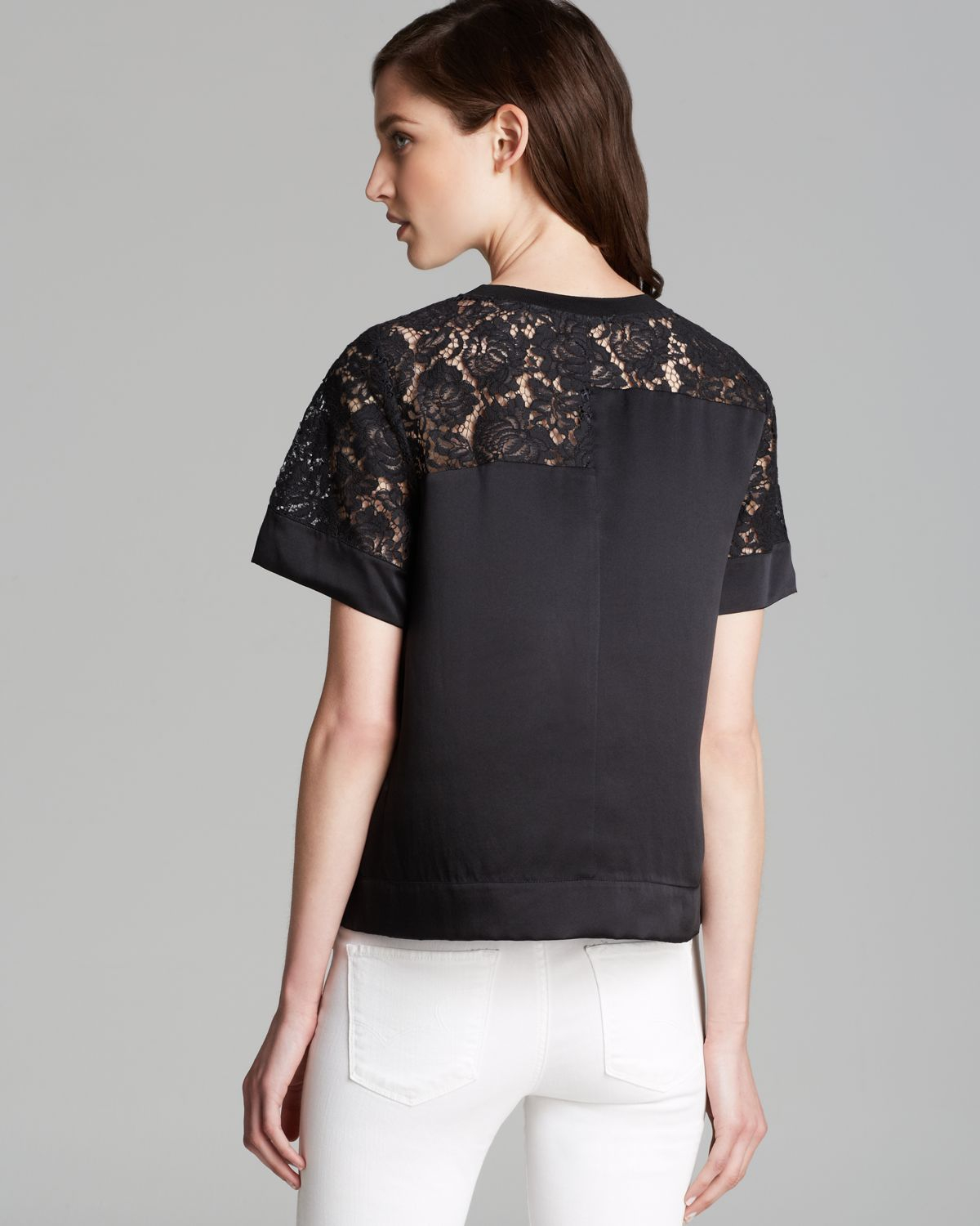 Rebecca taylor Top Short Sleeve Lace Inset in Black | Lyst
