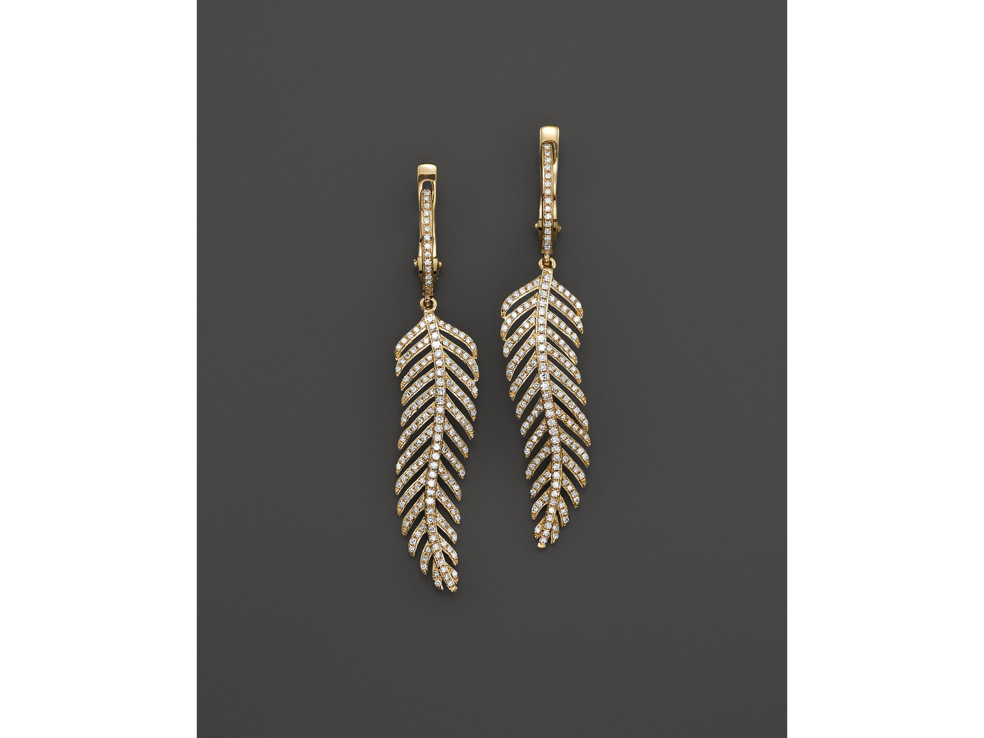 Lyst Kc Designs Diamond Wavy Feather Drop Earrings In 14k Yellow Gallery