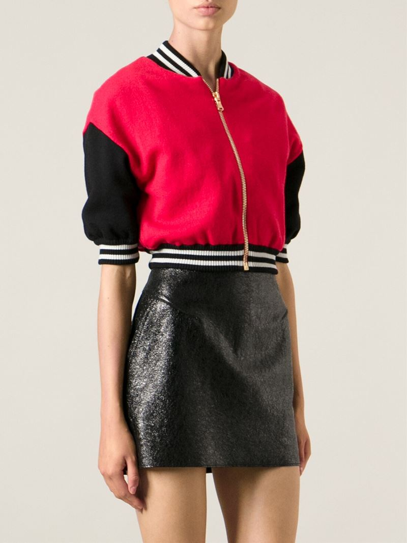 cropped red bomber jacket
