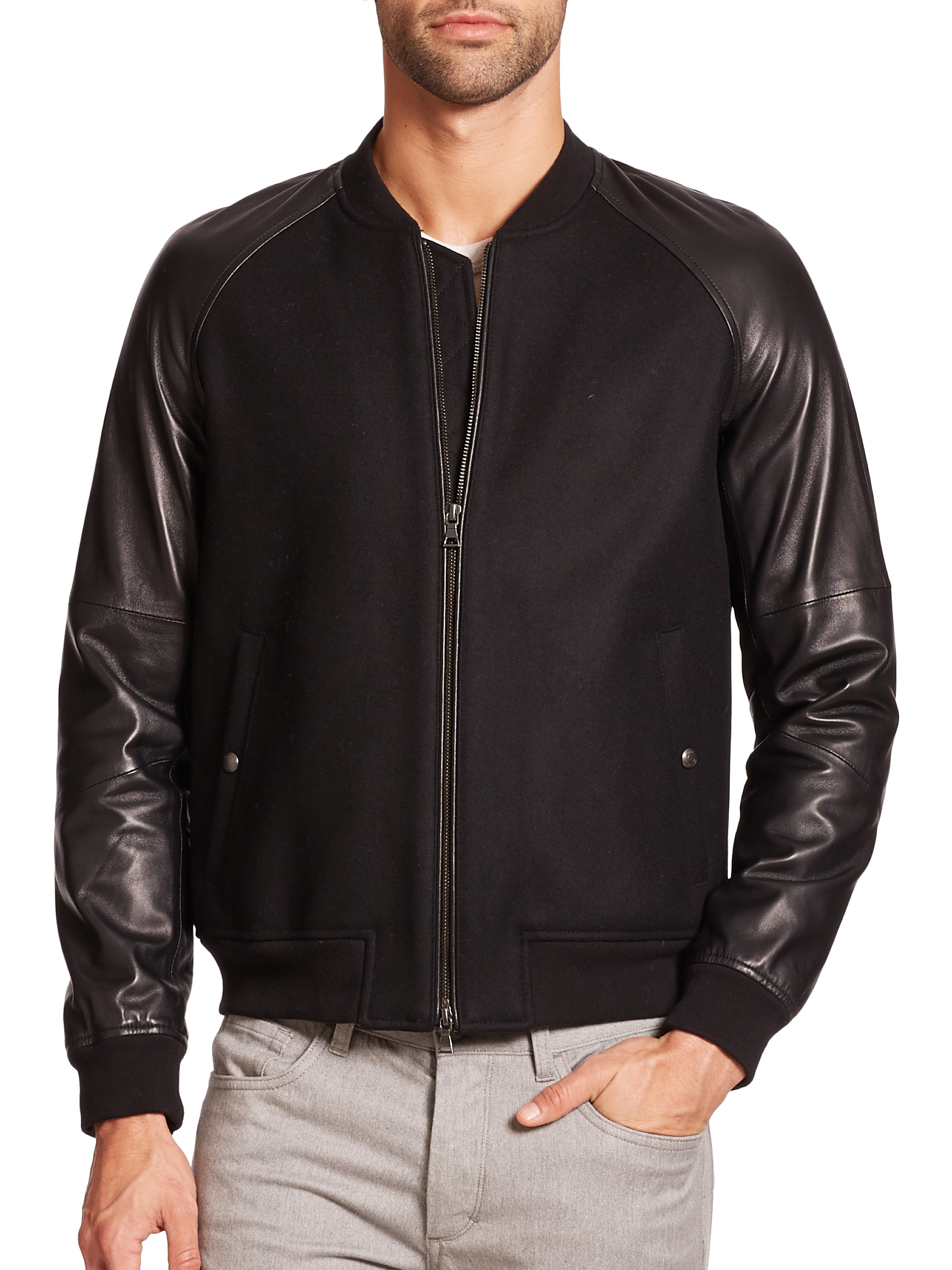 Lyst Vince Wool & Leather Bomber Jacket in Black for Men