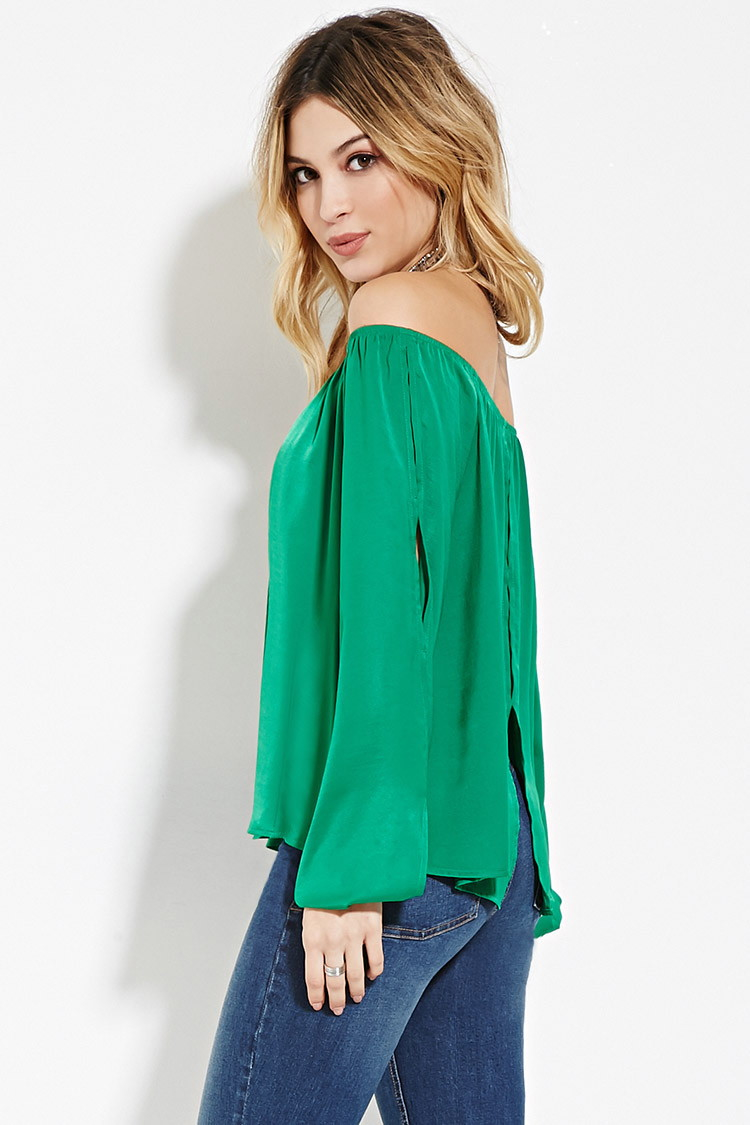 Forever 21 Satin Offtheshoulder Top in Green Lyst