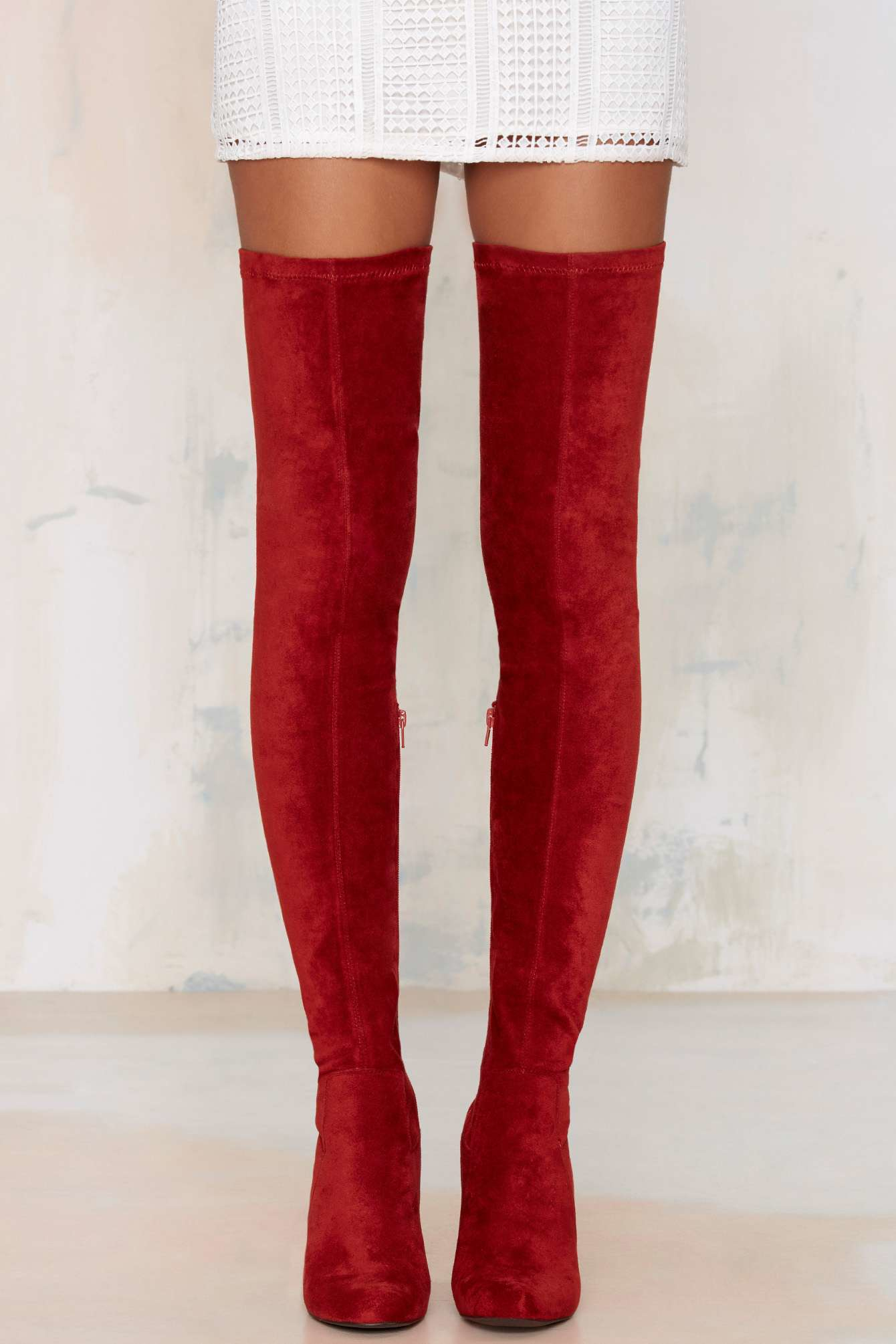 red thigh high suede boots