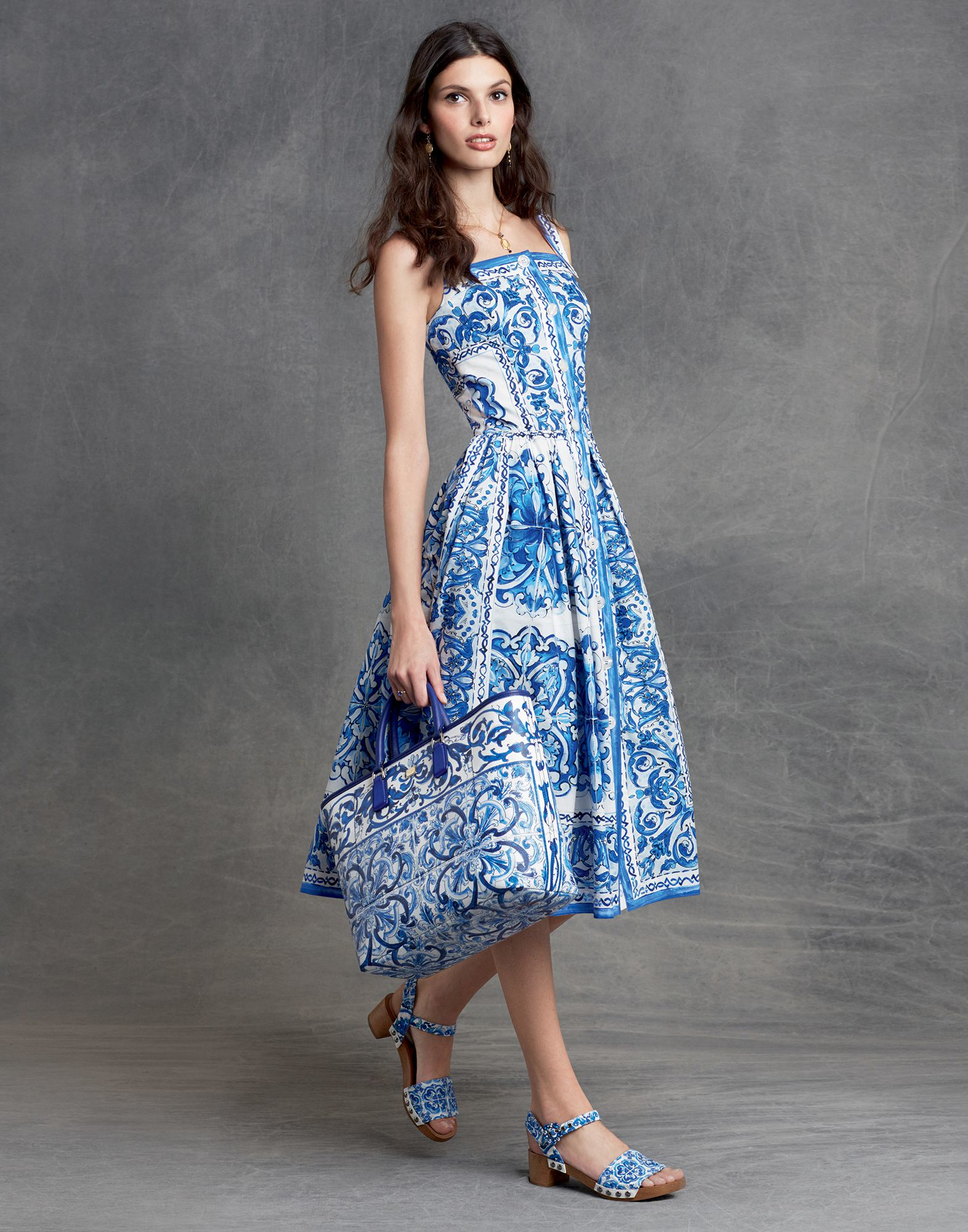 Dolce & Gabbana Blue Majolica Print Poplin Midi-length Dress | Lyst