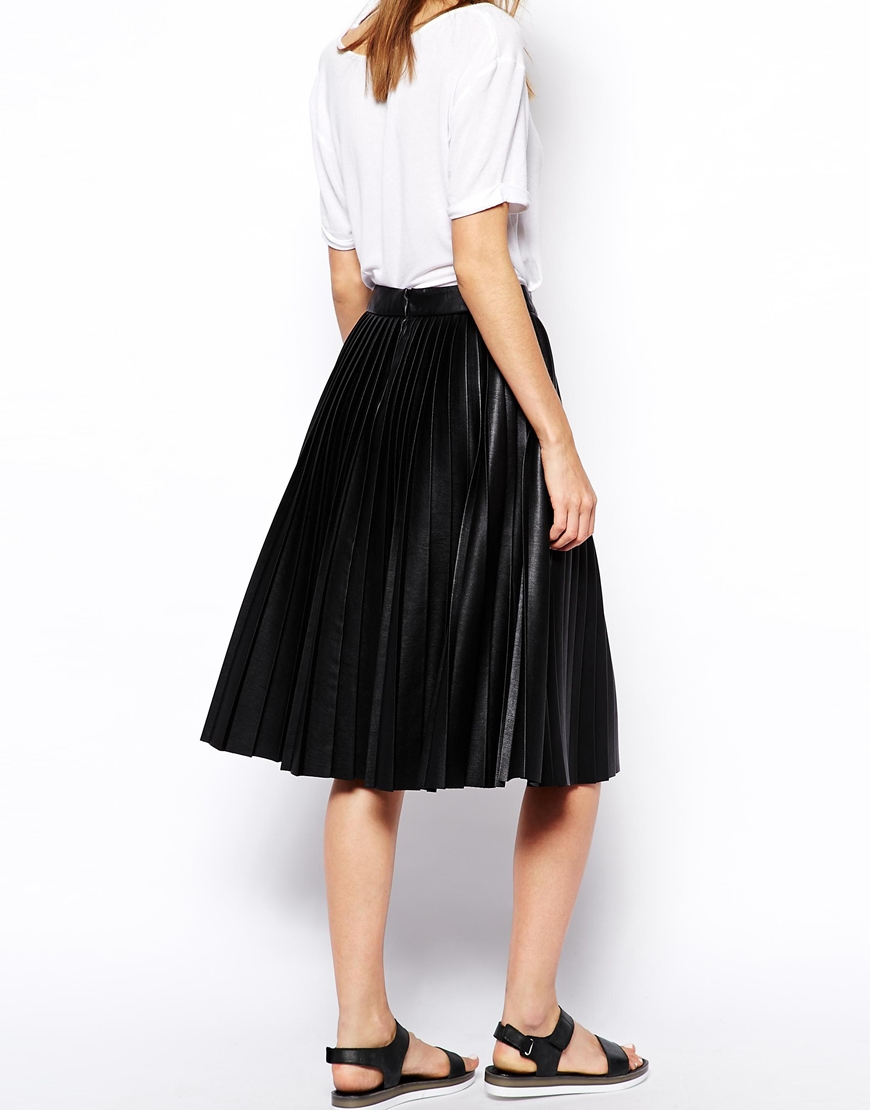 Lyst - Asos Pleated Midi Skirt In Leather Look in Black
