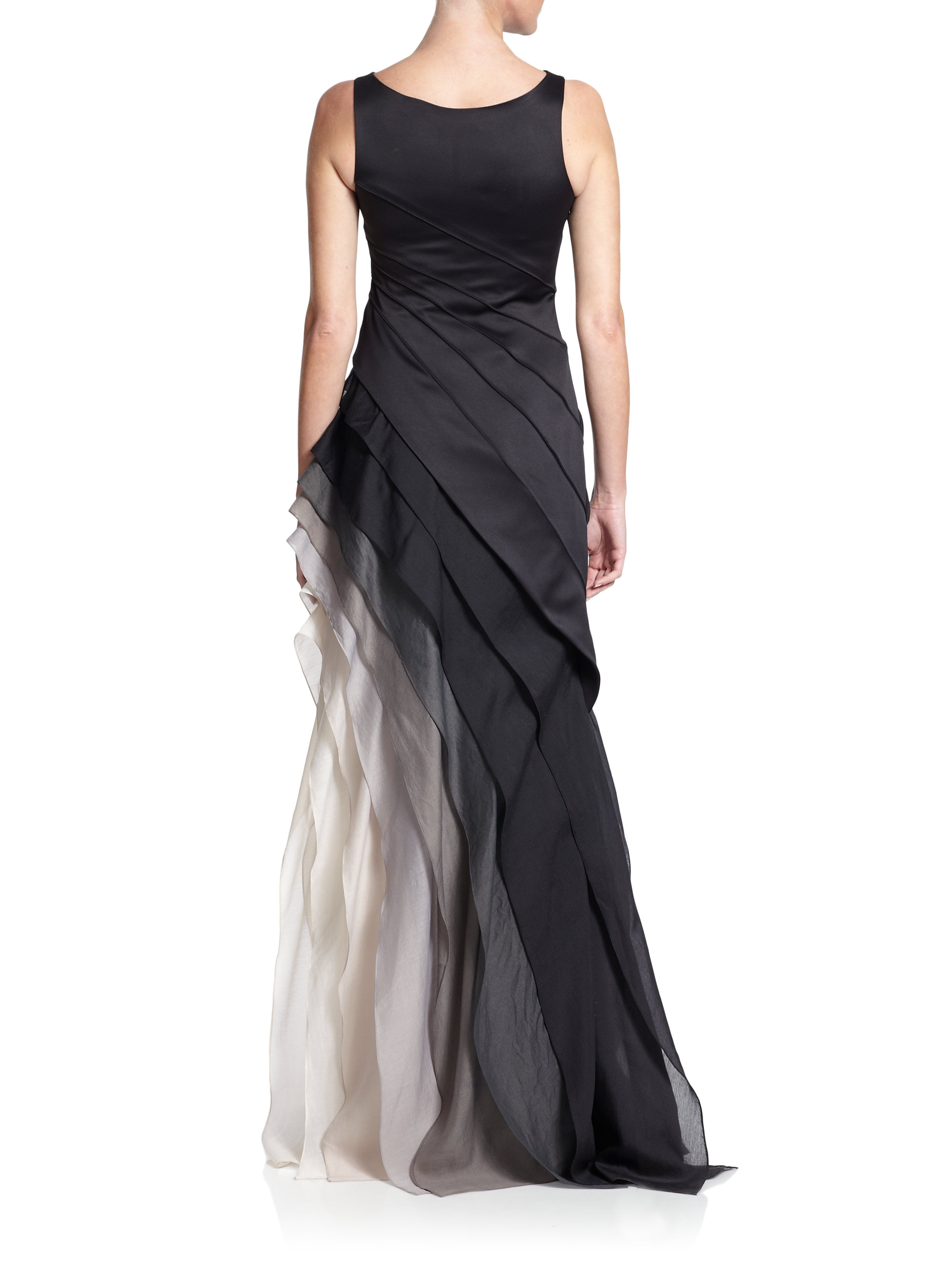halston heritage satin and organza tiered gown